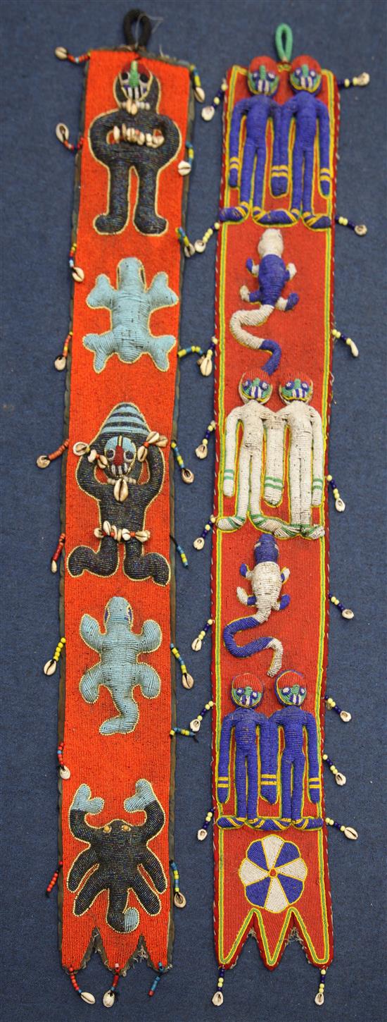 A pair of West African beadwork hanging panels, both 4ft 6in.